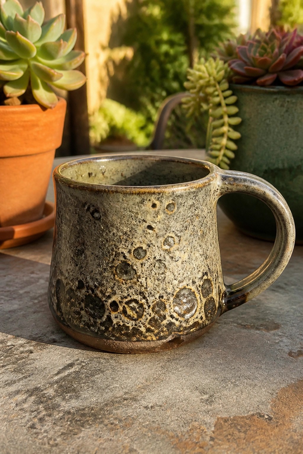 Speckled ceramic mug on stone table with potted succulents in sunlight