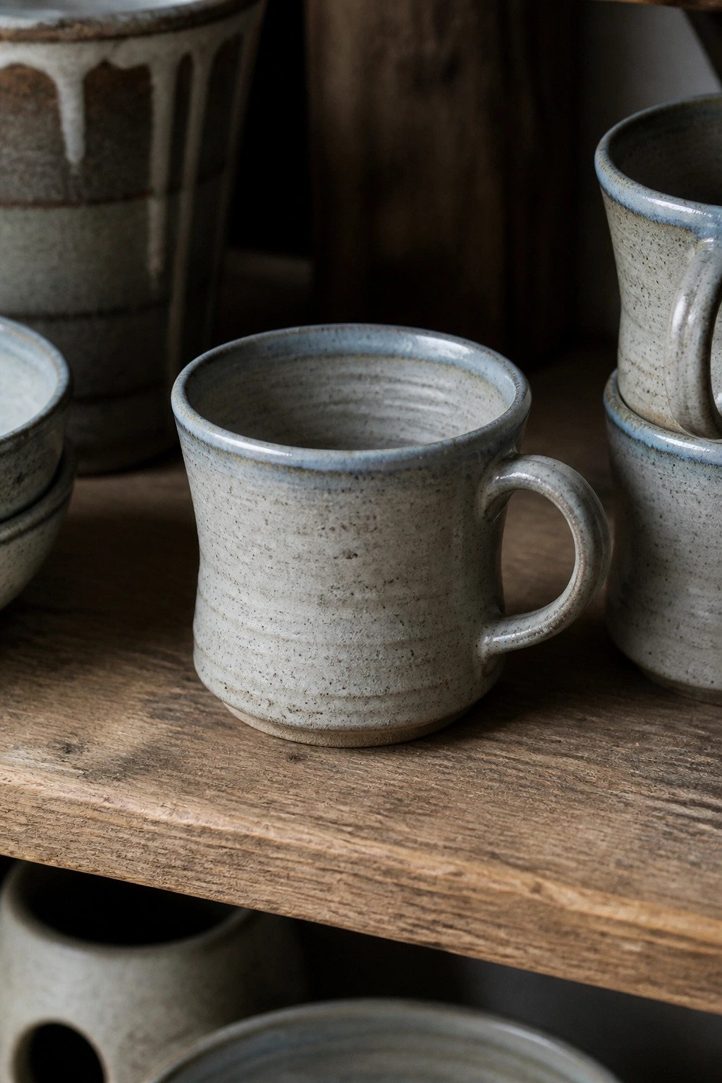 Gray speckled ceramic mug with blue rim on rustic wooden shelf.