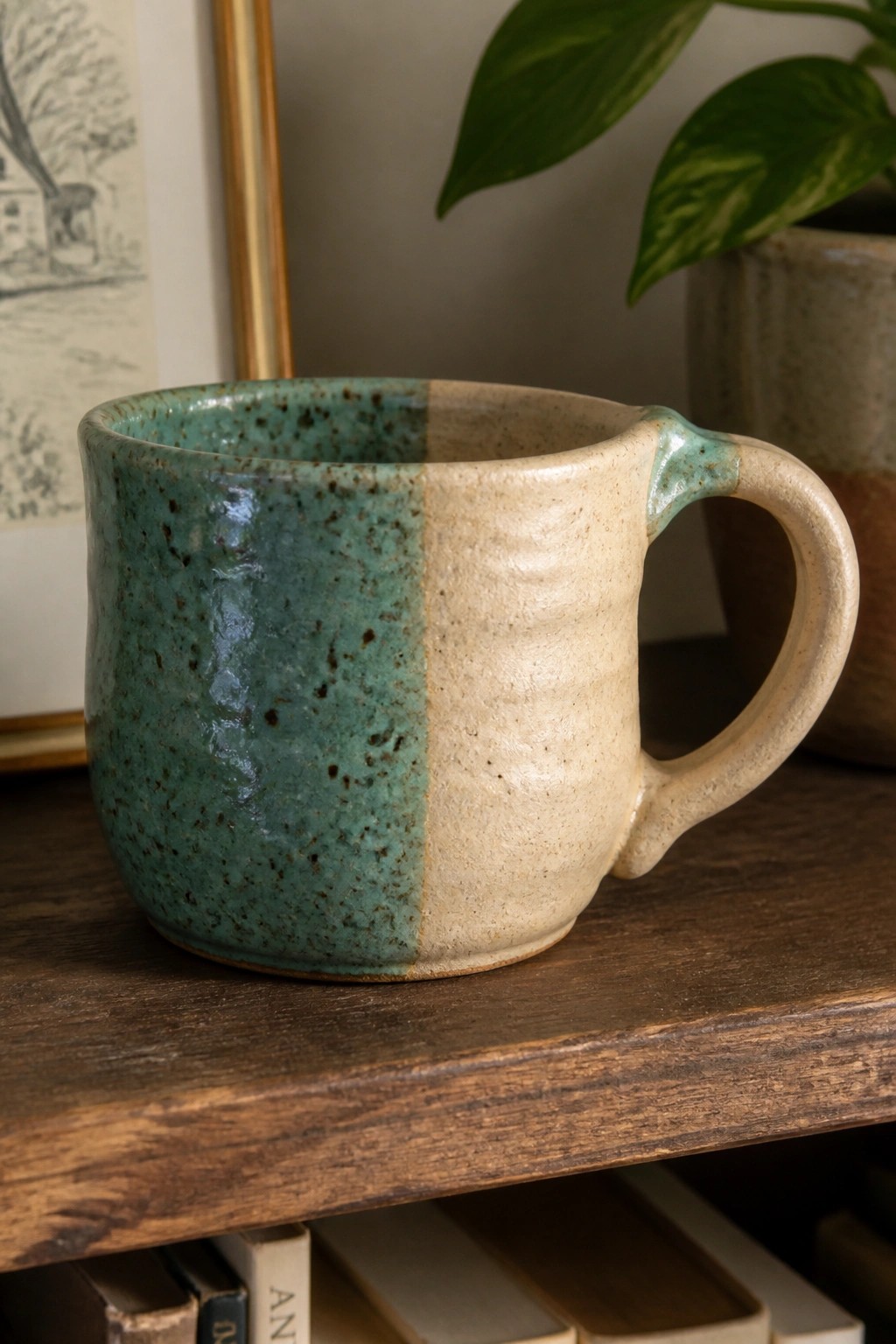 Two-toned speckled teal and beige ceramic mug on wooden shelf.
