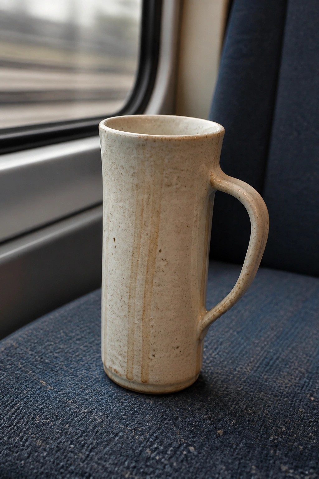 Tall speckled ceramic mug on blue fabric train seat by window