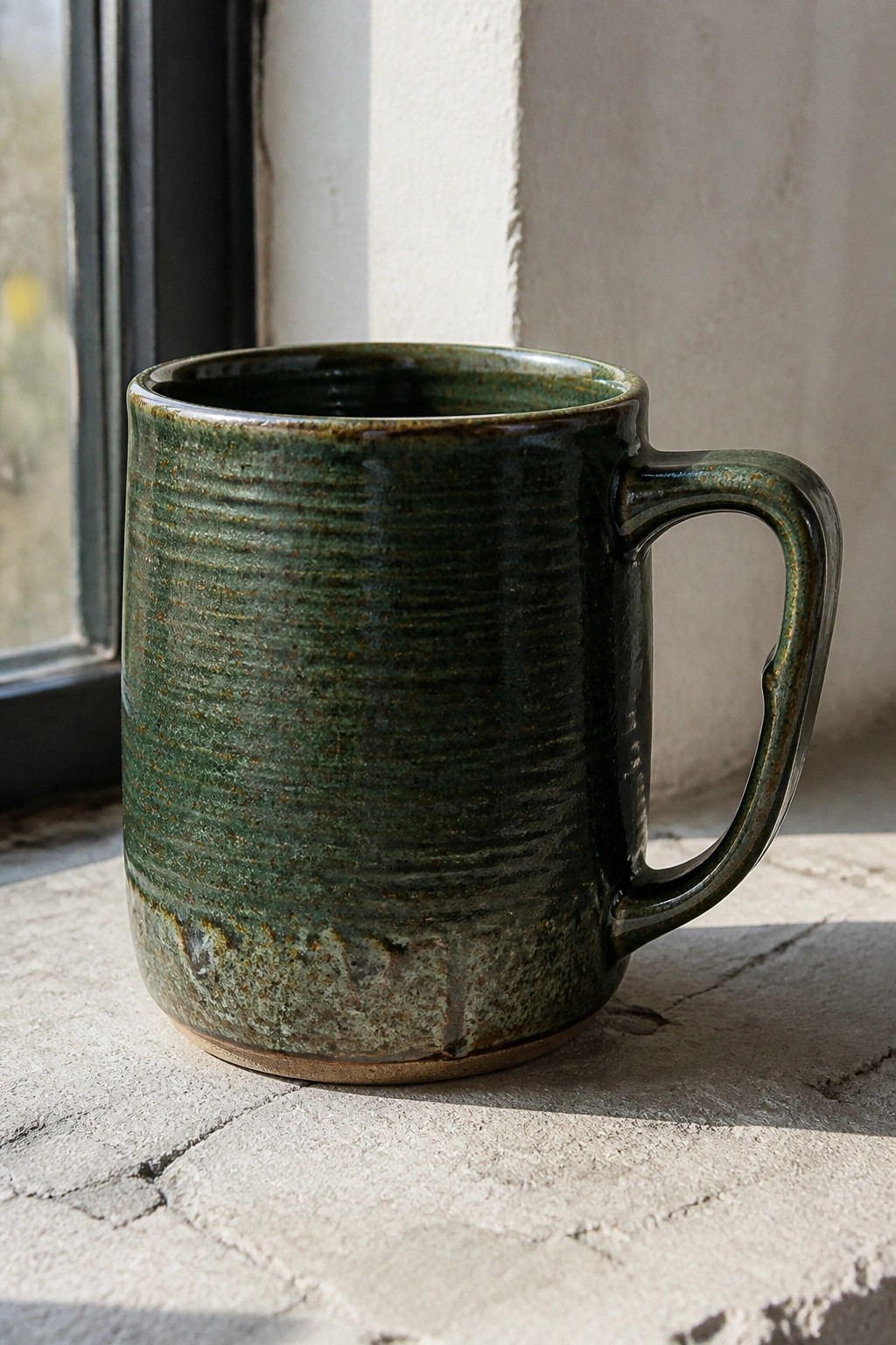Green ceramic mug with handle on stone windowsill beside window frame