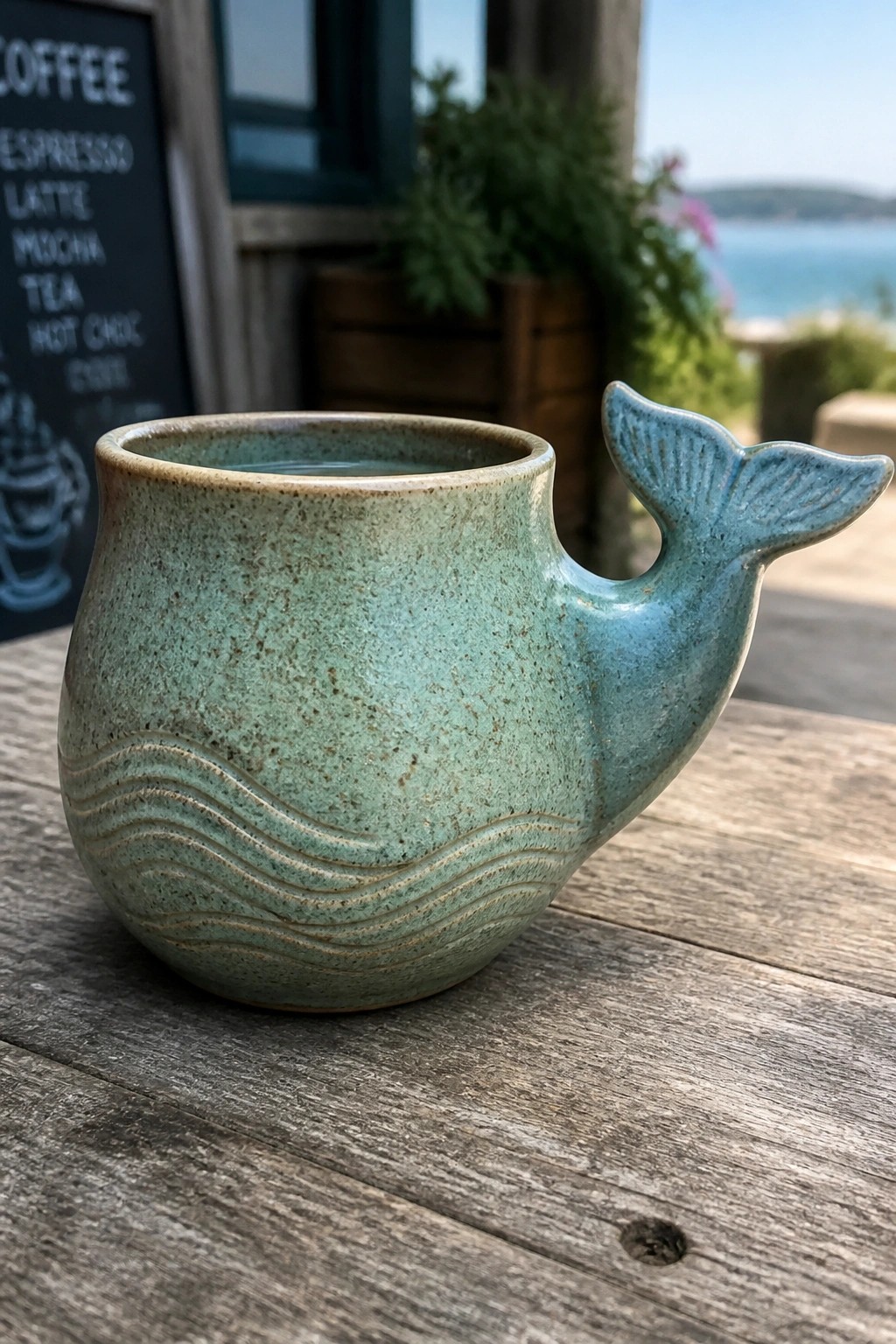 Speckled turquoise whale-shaped ceramic mug with tail handle on wooden table.