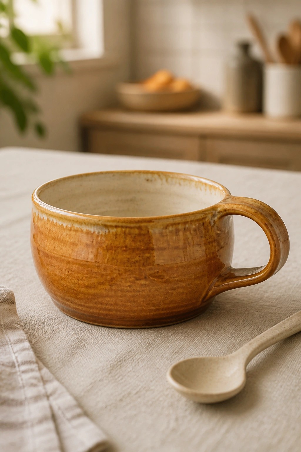 Brown ceramic mug with handle on linen cloth beside beige spoon