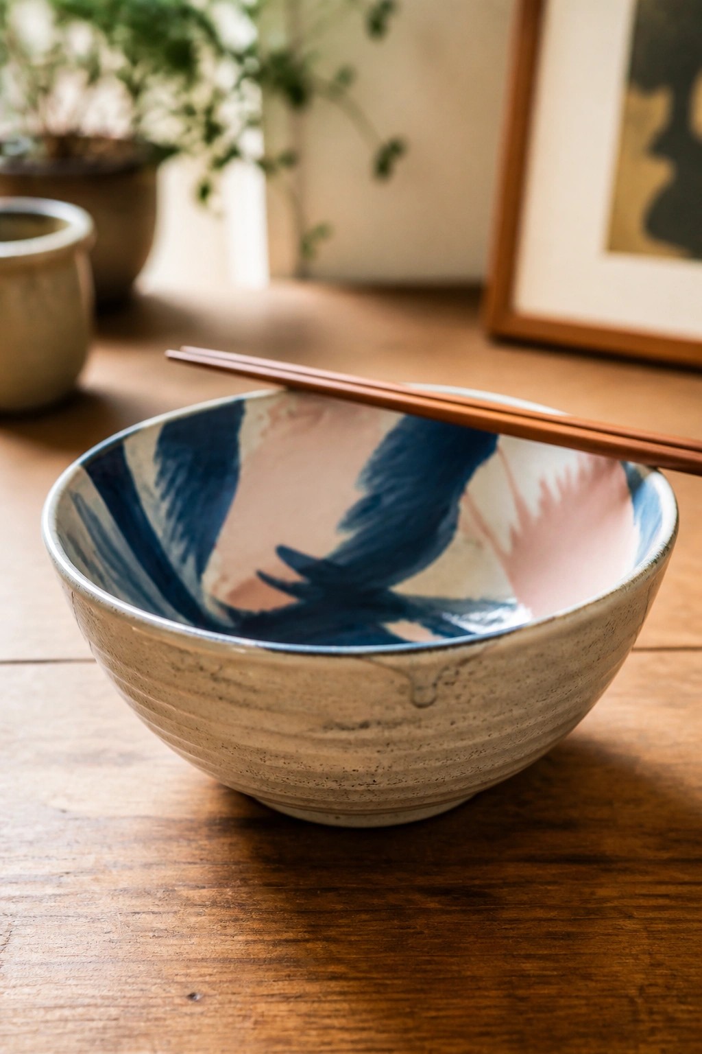 Abstract blue and pink ceramic bowl with chopsticks on wooden table