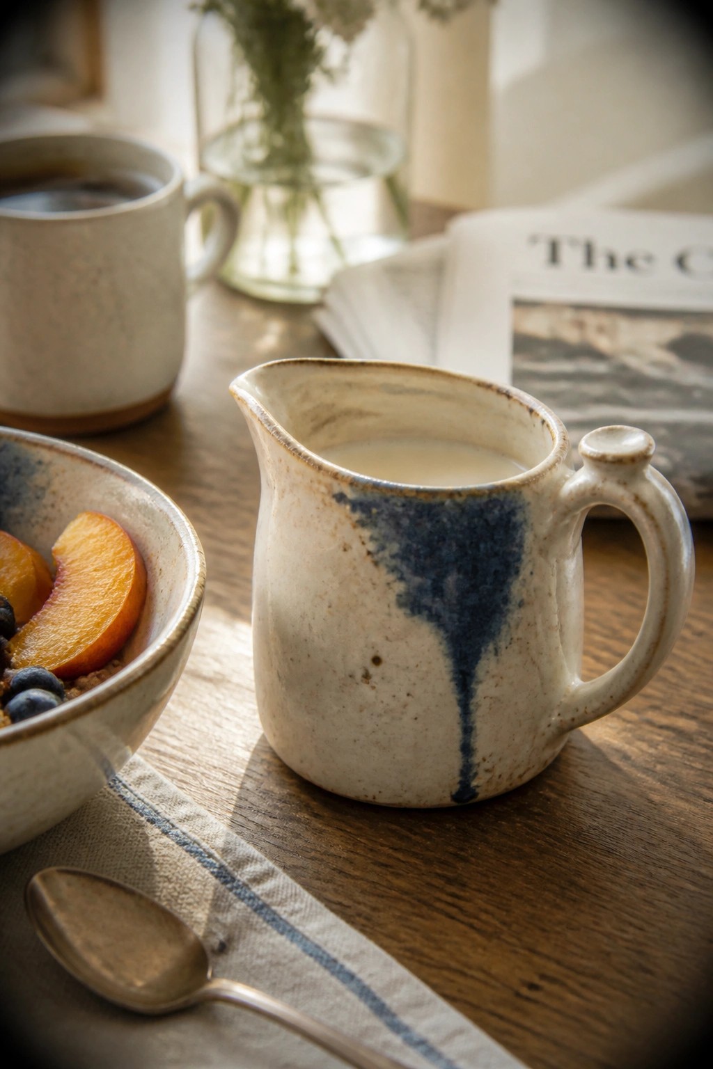 Ceramic blue-glazed pitcher beside fruit bowl and spoon on wooden breakfast table