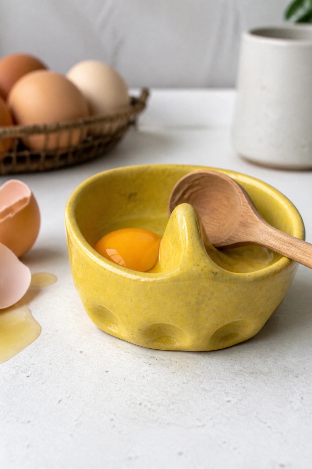 Yellow ceramic bowl with egg yolk and wooden spoon, eggshells and basket nearby.