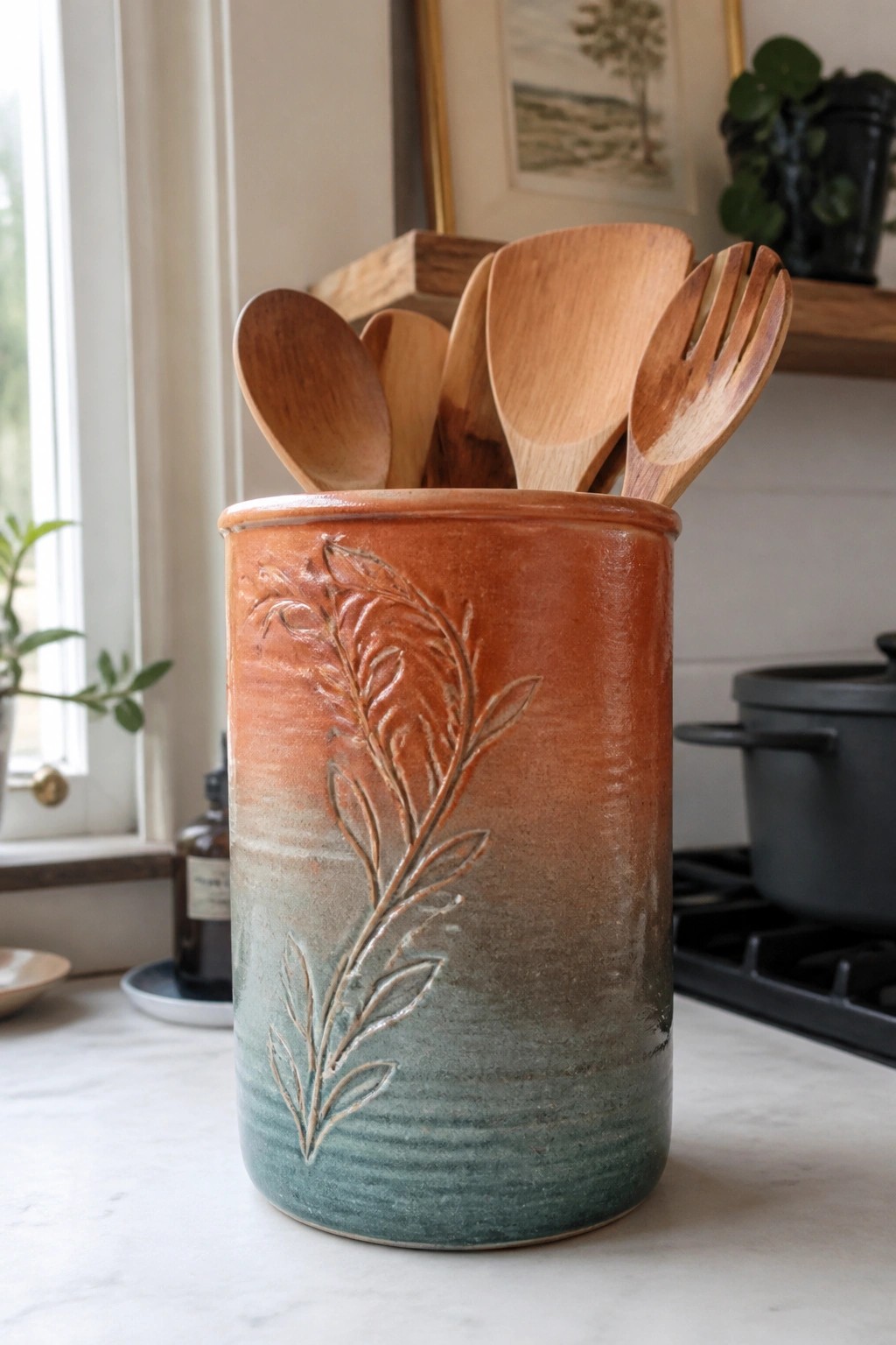 Ceramic crock with orange-to-teal glaze and embossed leaves holding wooden utensils