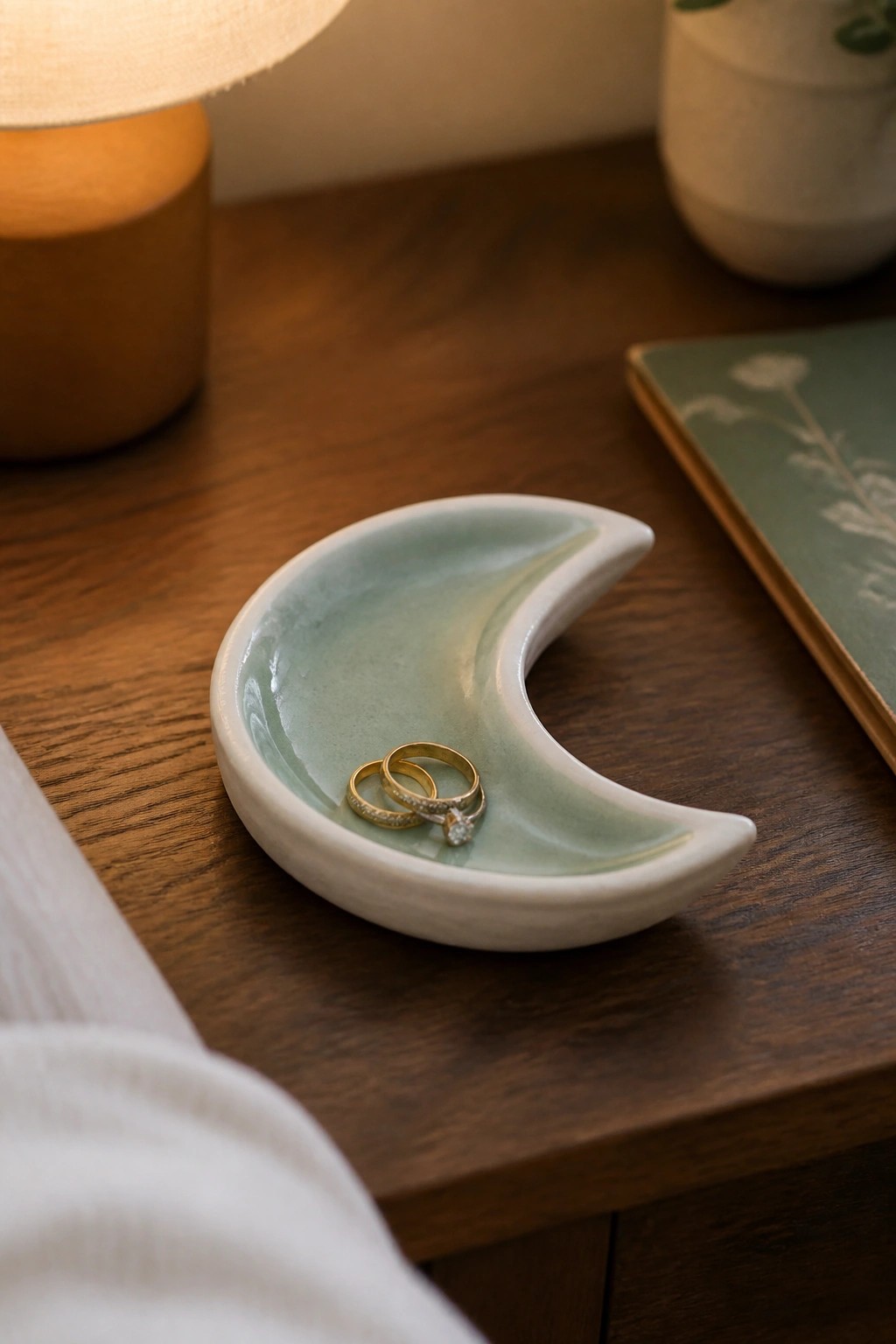 Gold diamond rings in pale green crescent moon ceramic dish on wooden table