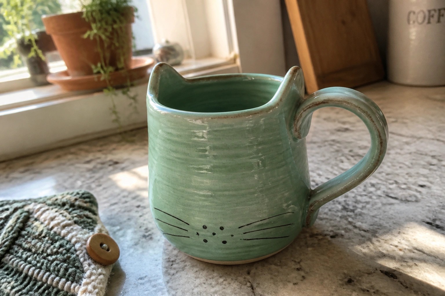 Green ceramic cat mug with whiskers and ears on kitchen countertop beside knit fabric.