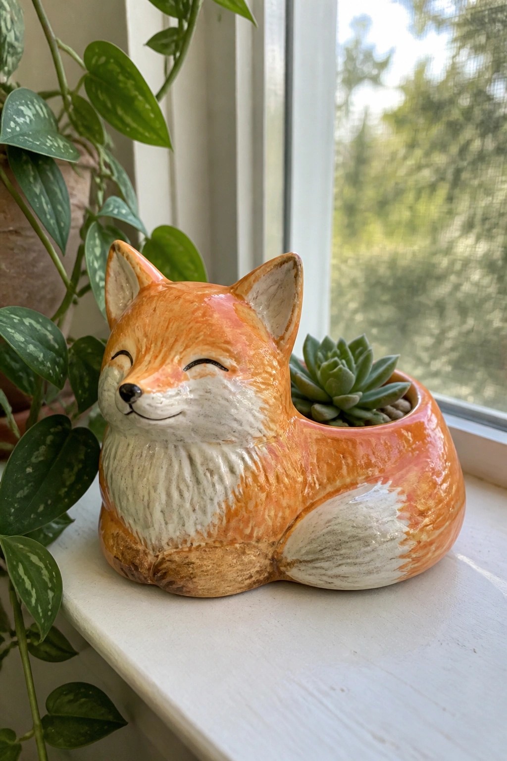 Orange ceramic fox planter with closed eyes holding a green succulent on windowsill