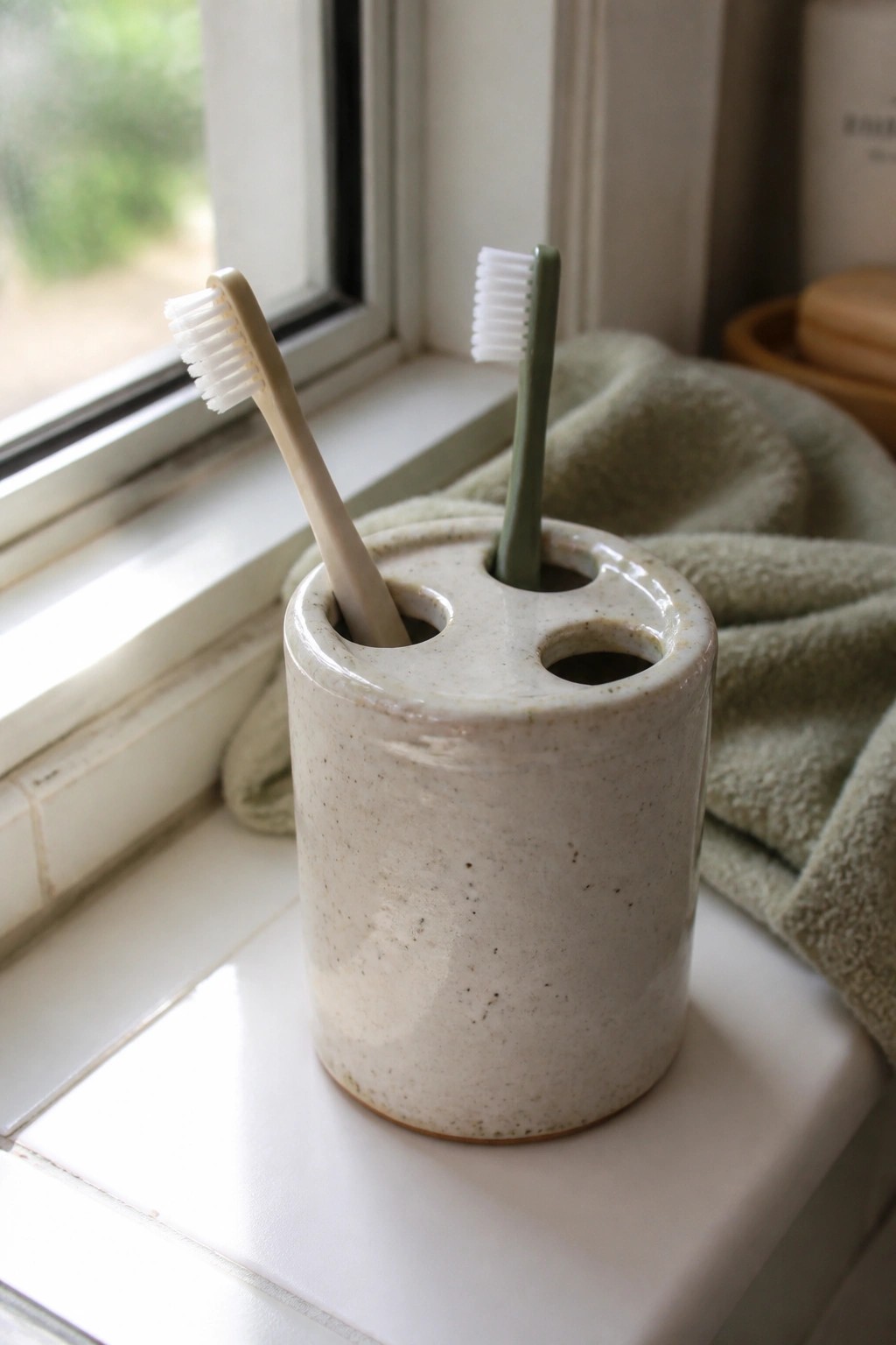 Speckled ceramic holder with beige and green toothbrushes on a windowsill