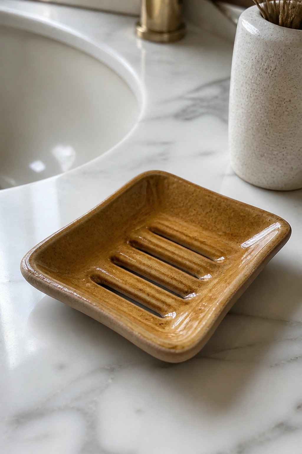 Brown ceramic soap dish with drainage slots on white marble countertop