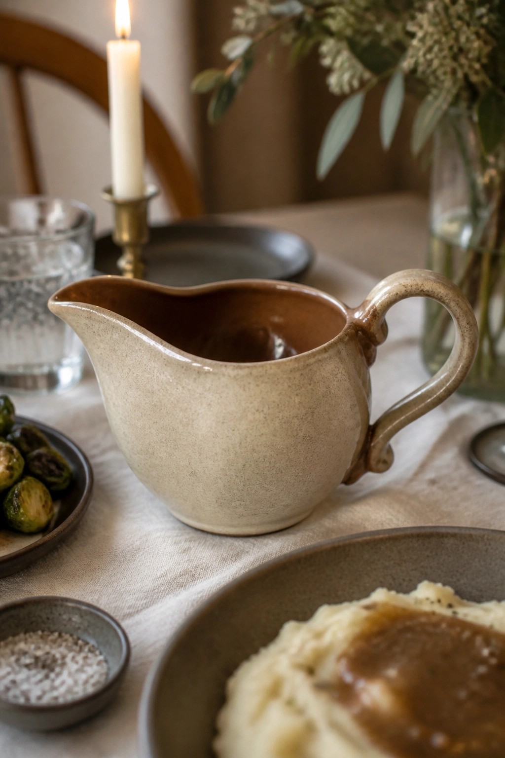 Rustic ceramic gravy boat beside mashed potatoes with gravy on linen tablecloth