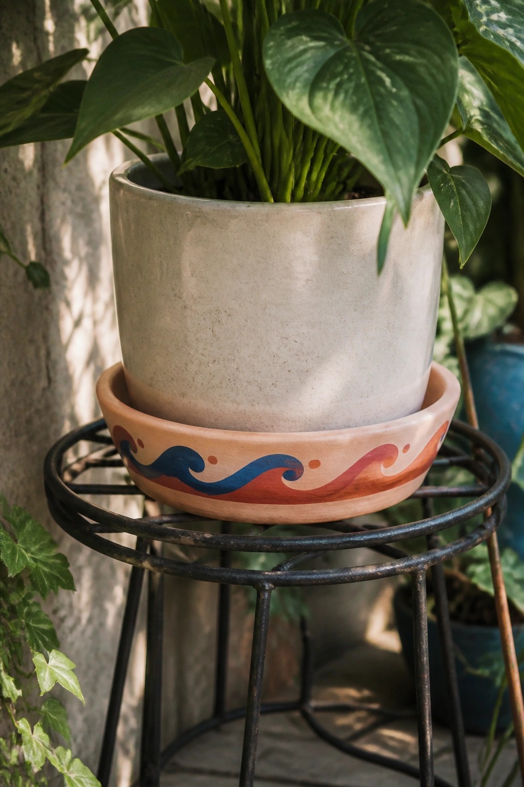 Green plant in speckled pot on blue-red wave saucer atop black metal stand