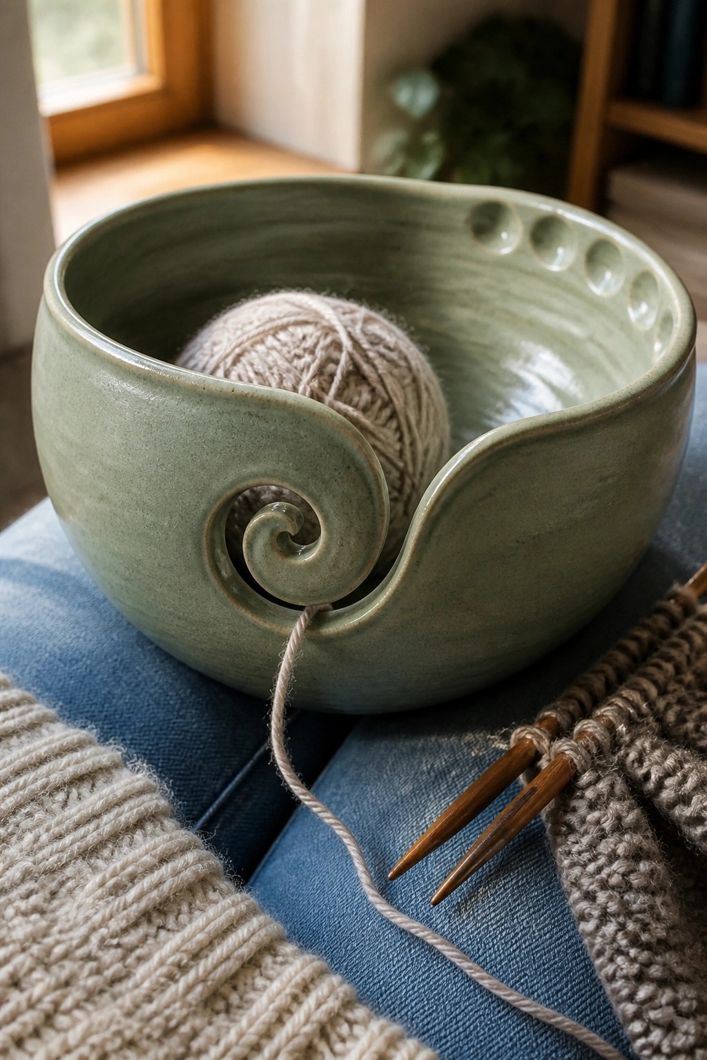 A green ceramic yarn bowl with a spiral side opening holds a ball of beige yarn, with knitting needles and fabric on a blue surface nearby.