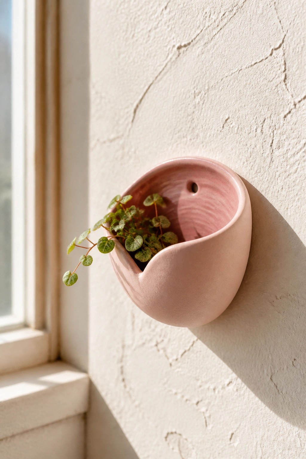 Pink ceramic wall planter with trailing green plant on textured white wall near window