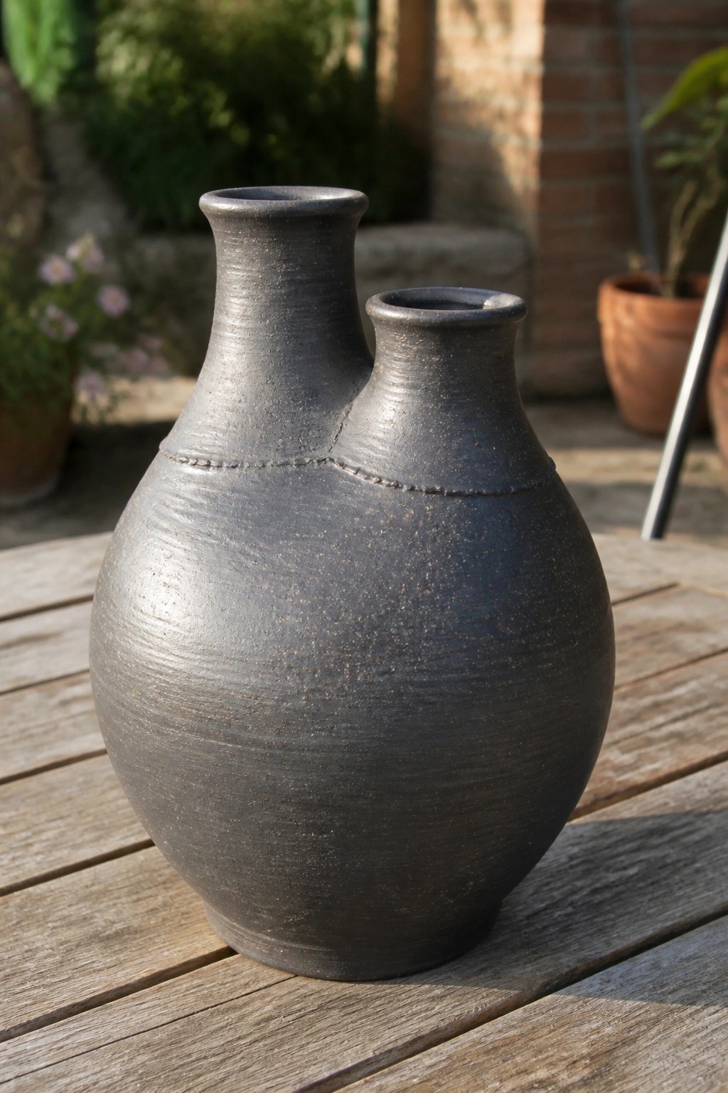 Dark matte ceramic double-necked vase on rustic wooden outdoor table