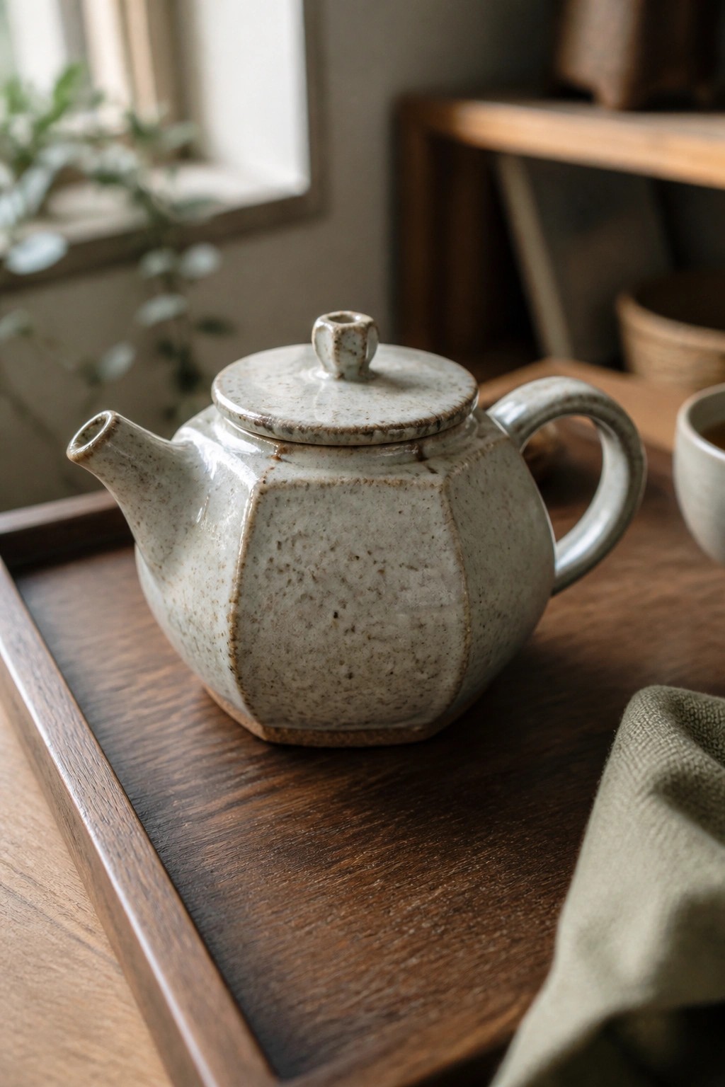 Speckled ceramic teapot on dark wooden tray beside green cloth