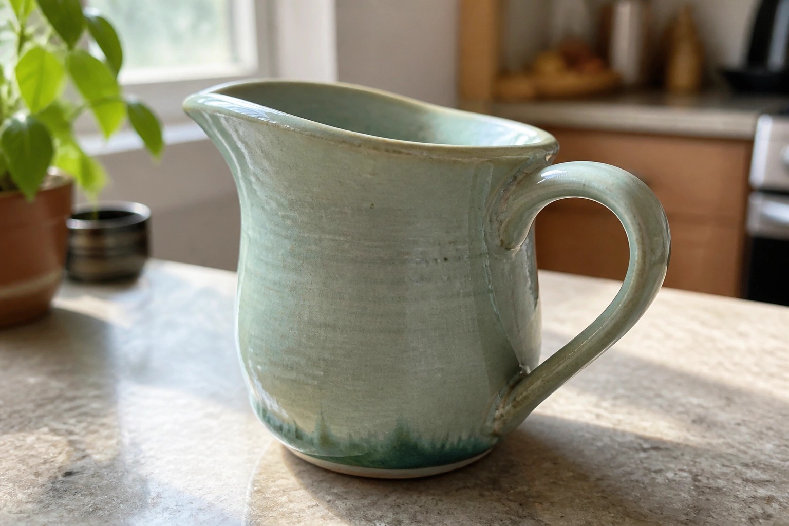 Green ceramic mug with handle on sunlit kitchen countertop