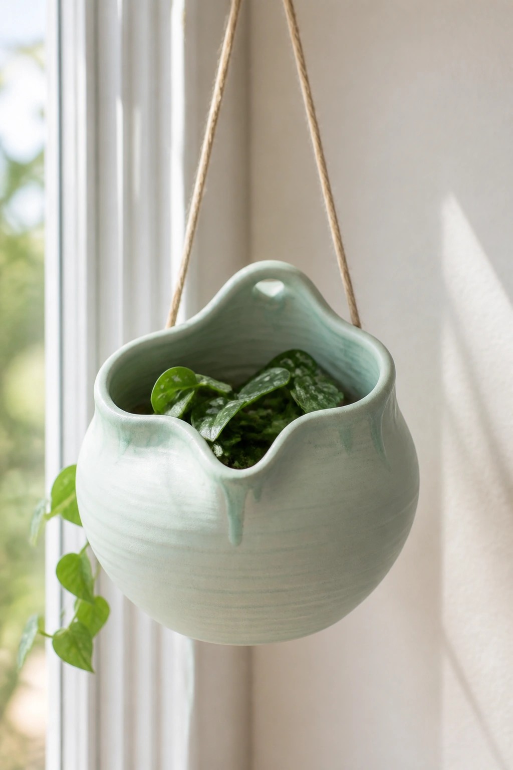 Mint green ceramic hanging planter with trailing leafy plant near window