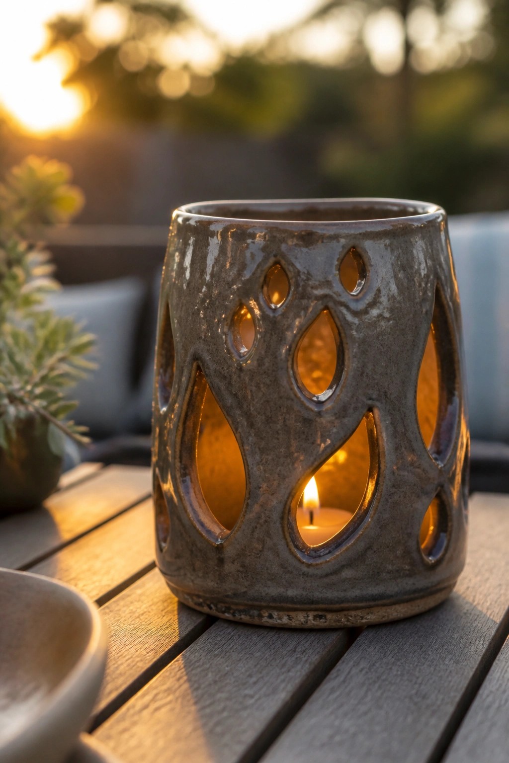 Lit candle in a rustic ceramic holder with cutout patterns on a wooden table at dusk