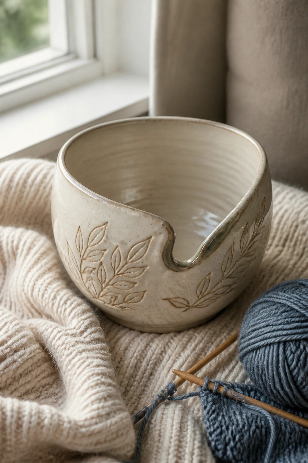 Ceramic yarn bowl with leaf etchings on beige knit beside blue yarn and needles.