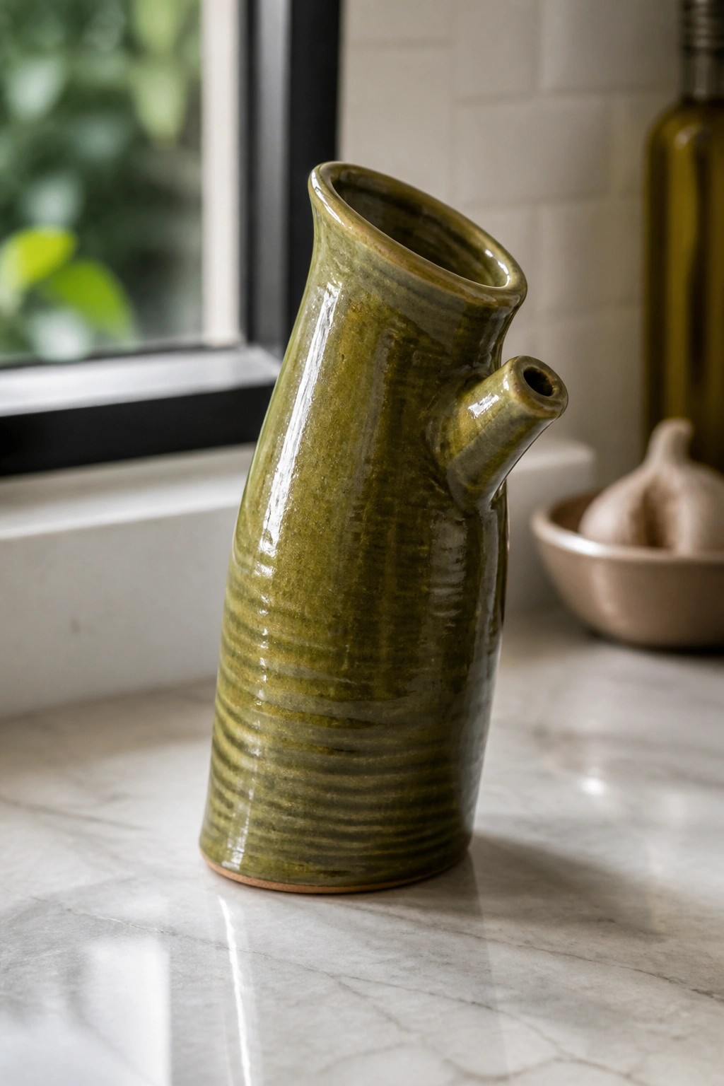 Green ceramic pitcher with spout on white marble kitchen countertop
