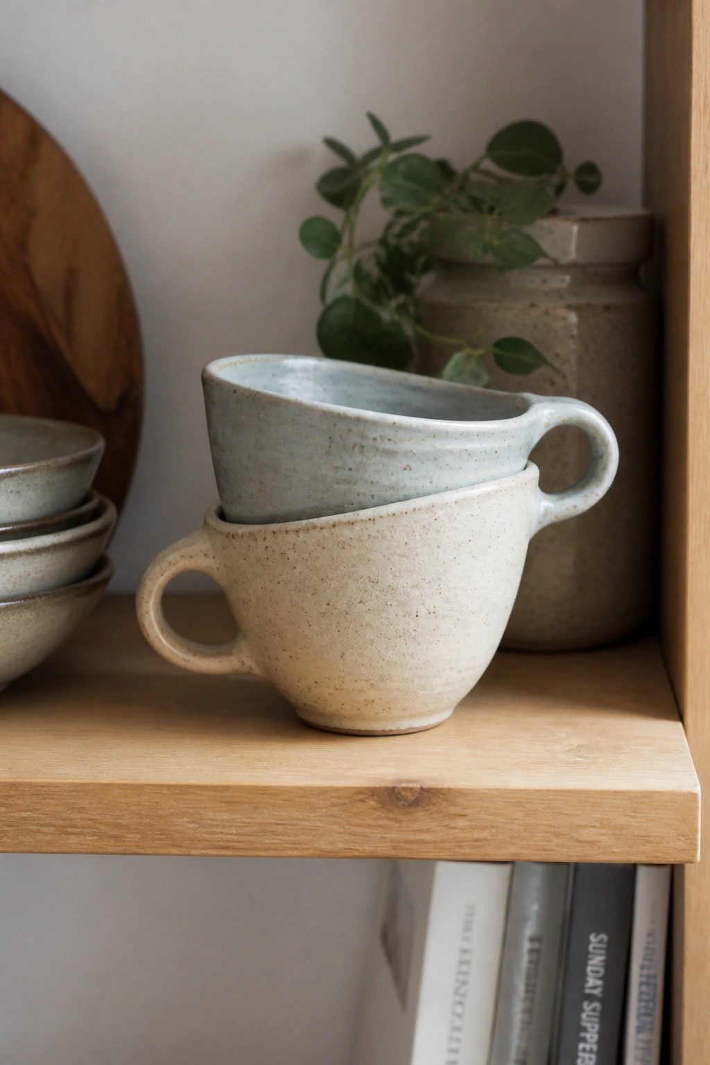 Stacked beige and blue speckled ceramic cups on wooden shelf with plant