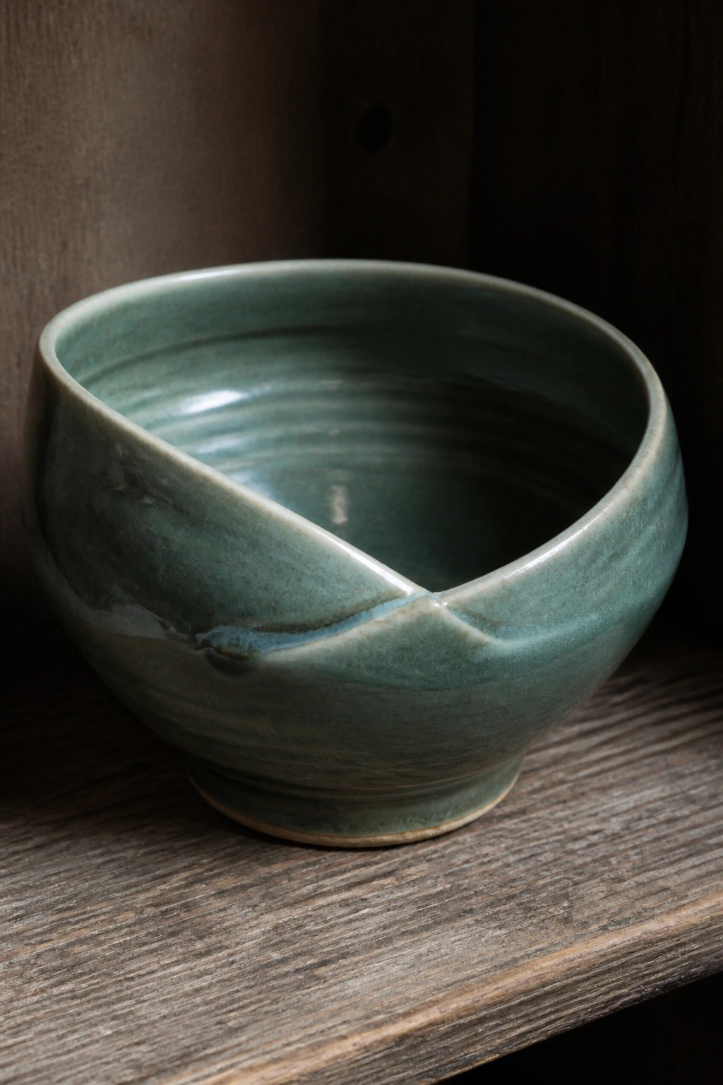 Green ceramic bowl with folded rim on dark wooden surface