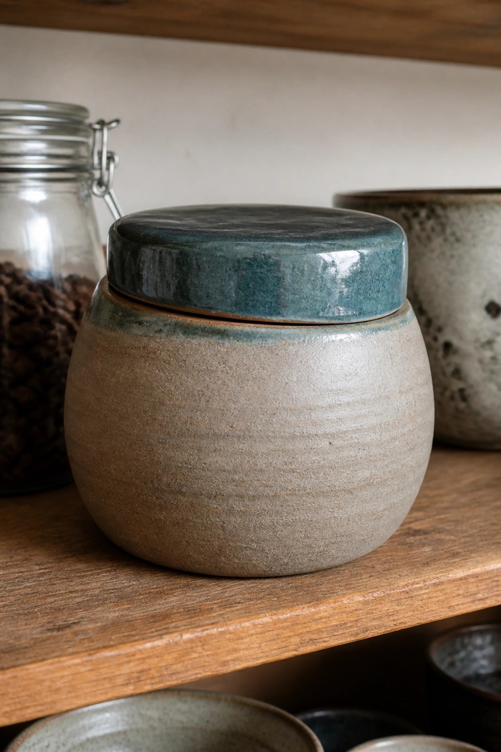 Ceramic jar with blue-green lid on wooden shelf beside coffee beans