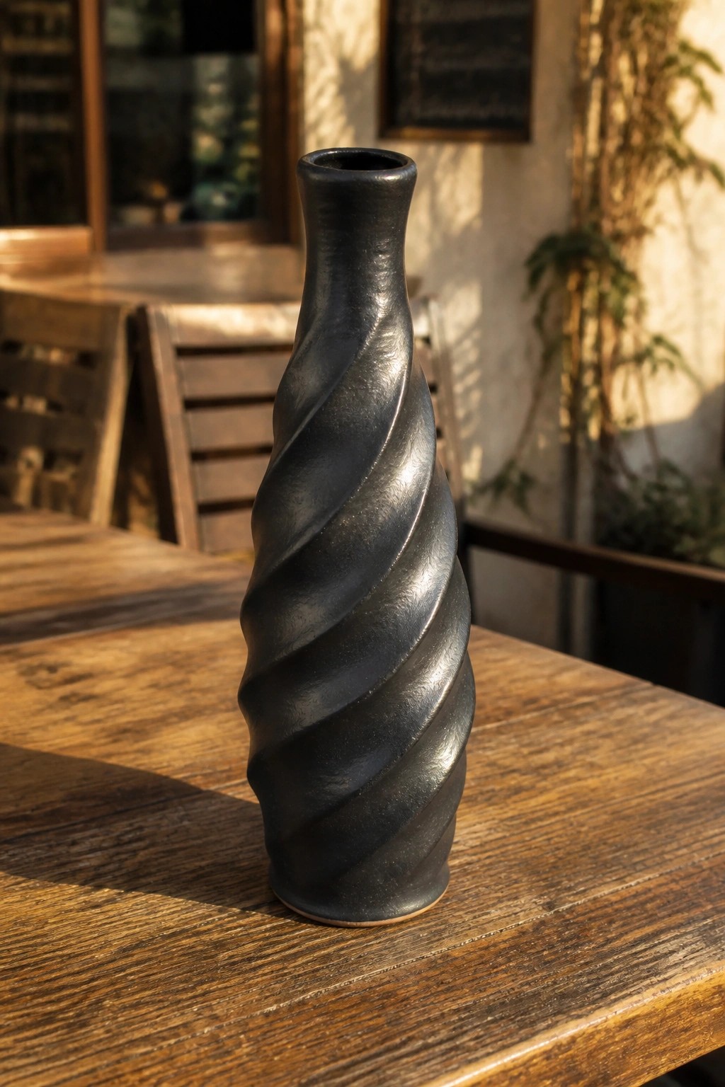 Twisted black ceramic vase with spiral ridges on sunlit wooden table
