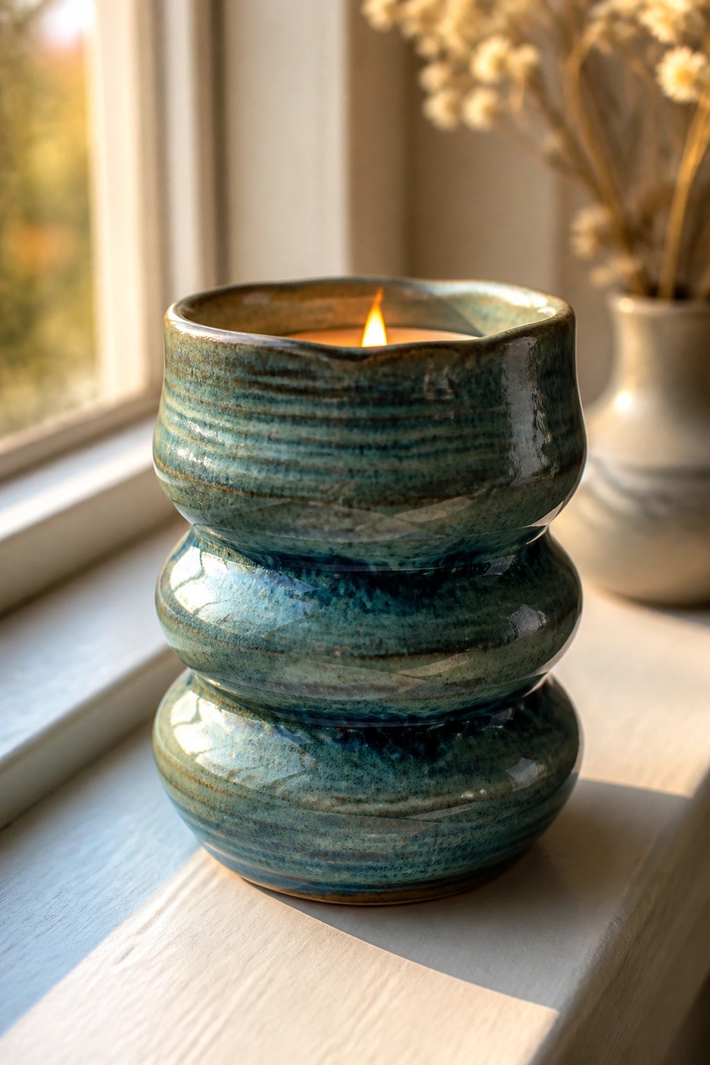 Blue-green ceramic candle holder with lit flame on sunlit windowsill.