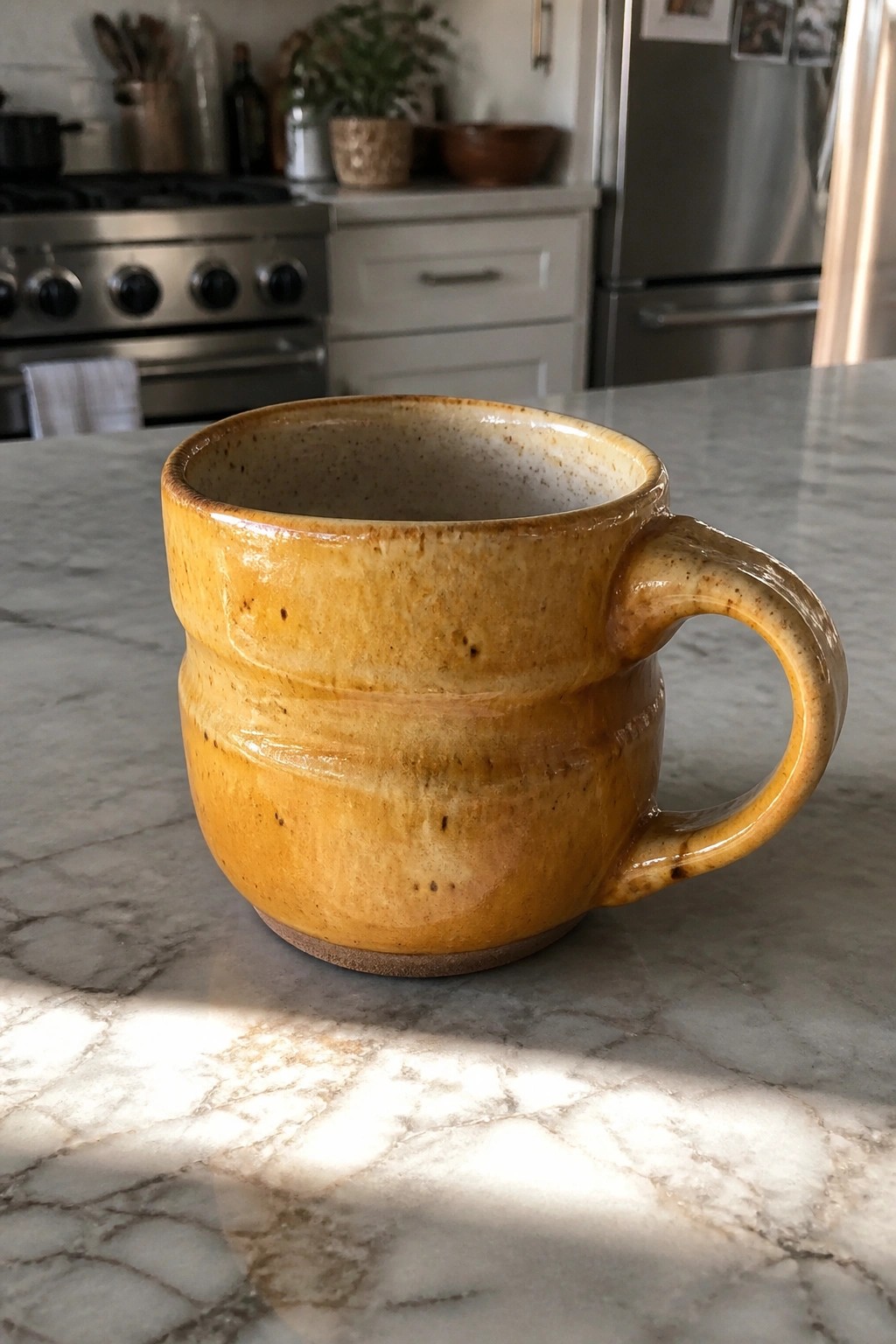 Yellow speckled ceramic mug on sunlit marble kitchen countertop.