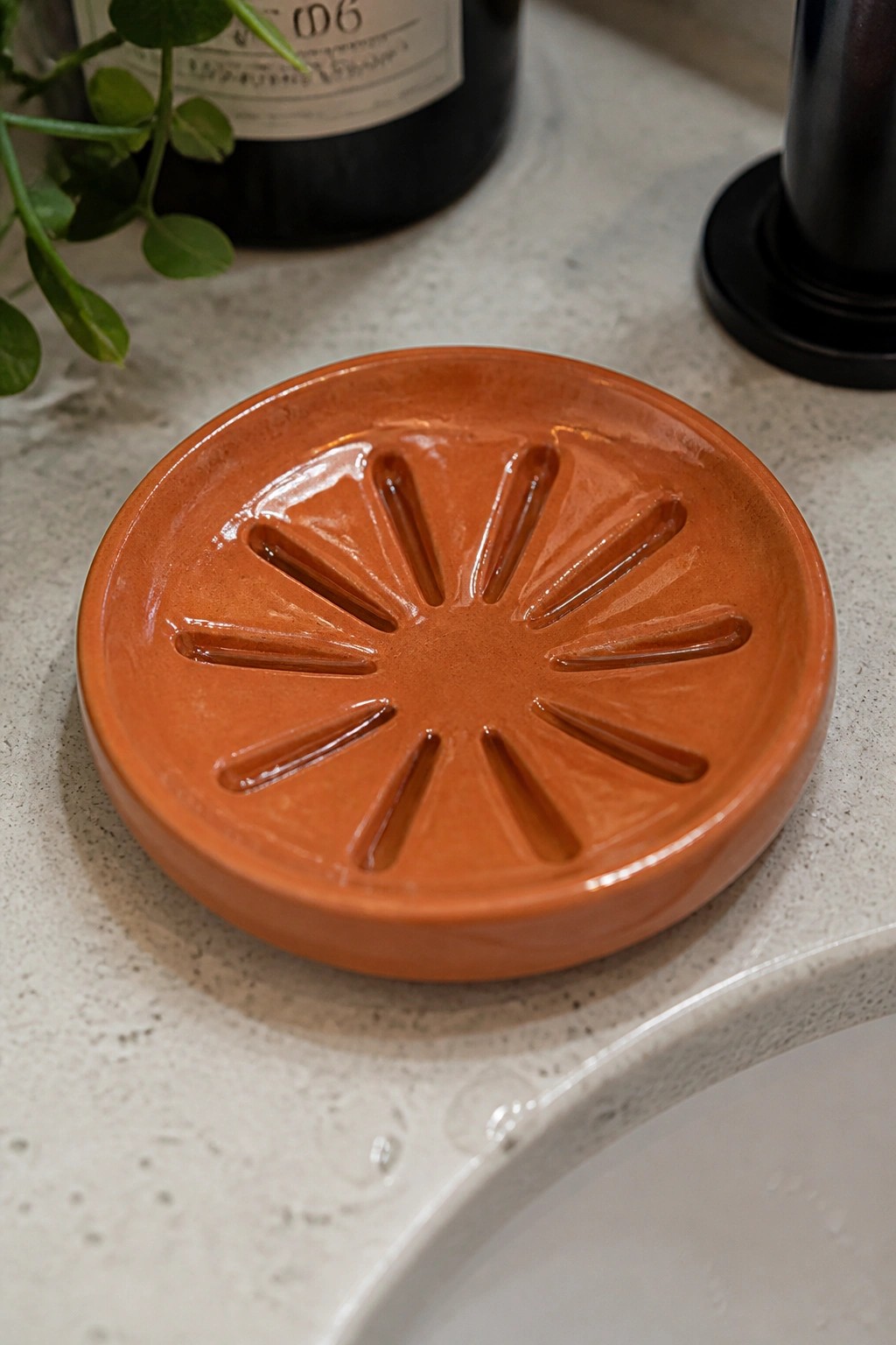 Orange ceramic soap dish with sunburst grooves on light speckled countertop.