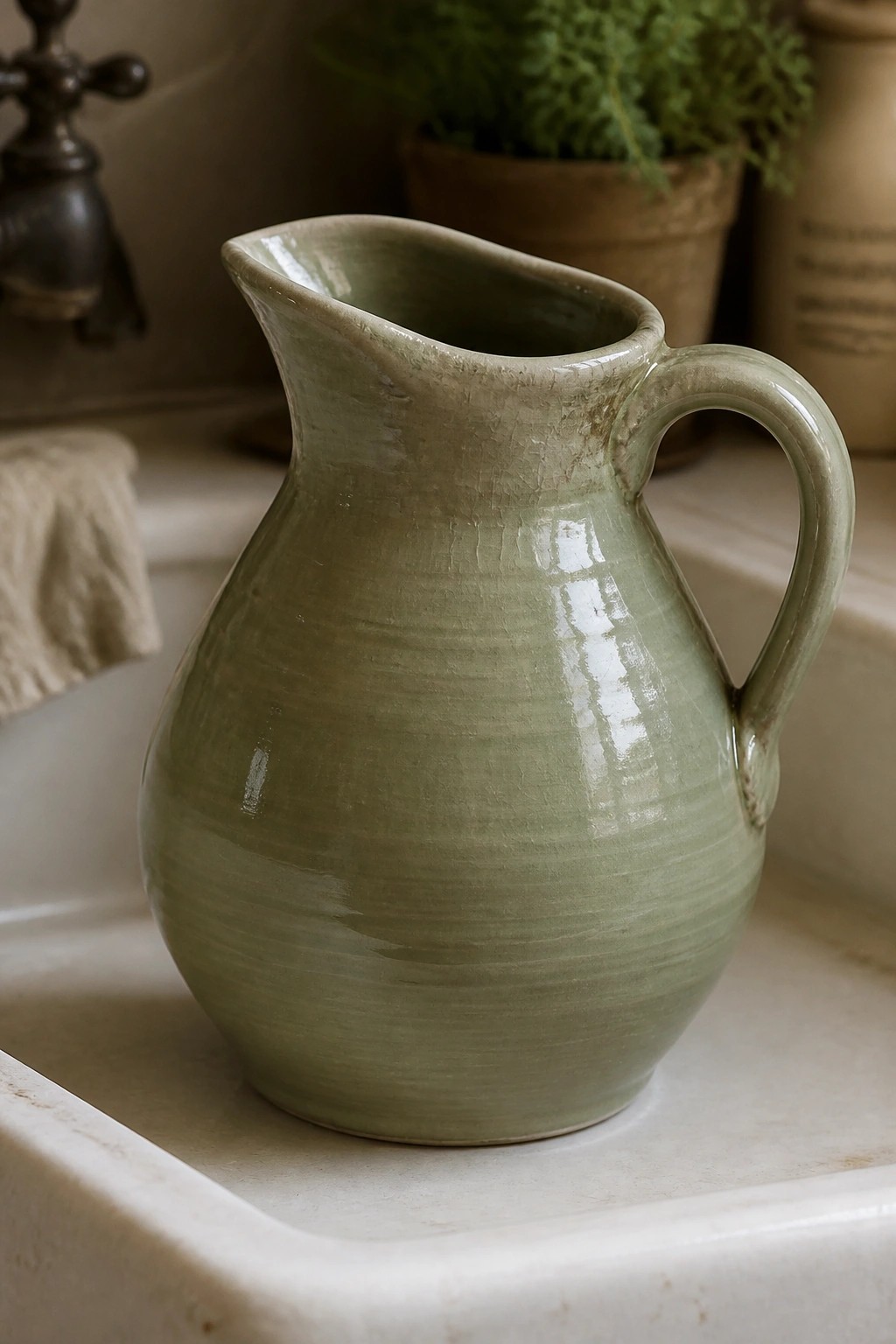 Sage green crackled ceramic pitcher with handle on white bathroom sink