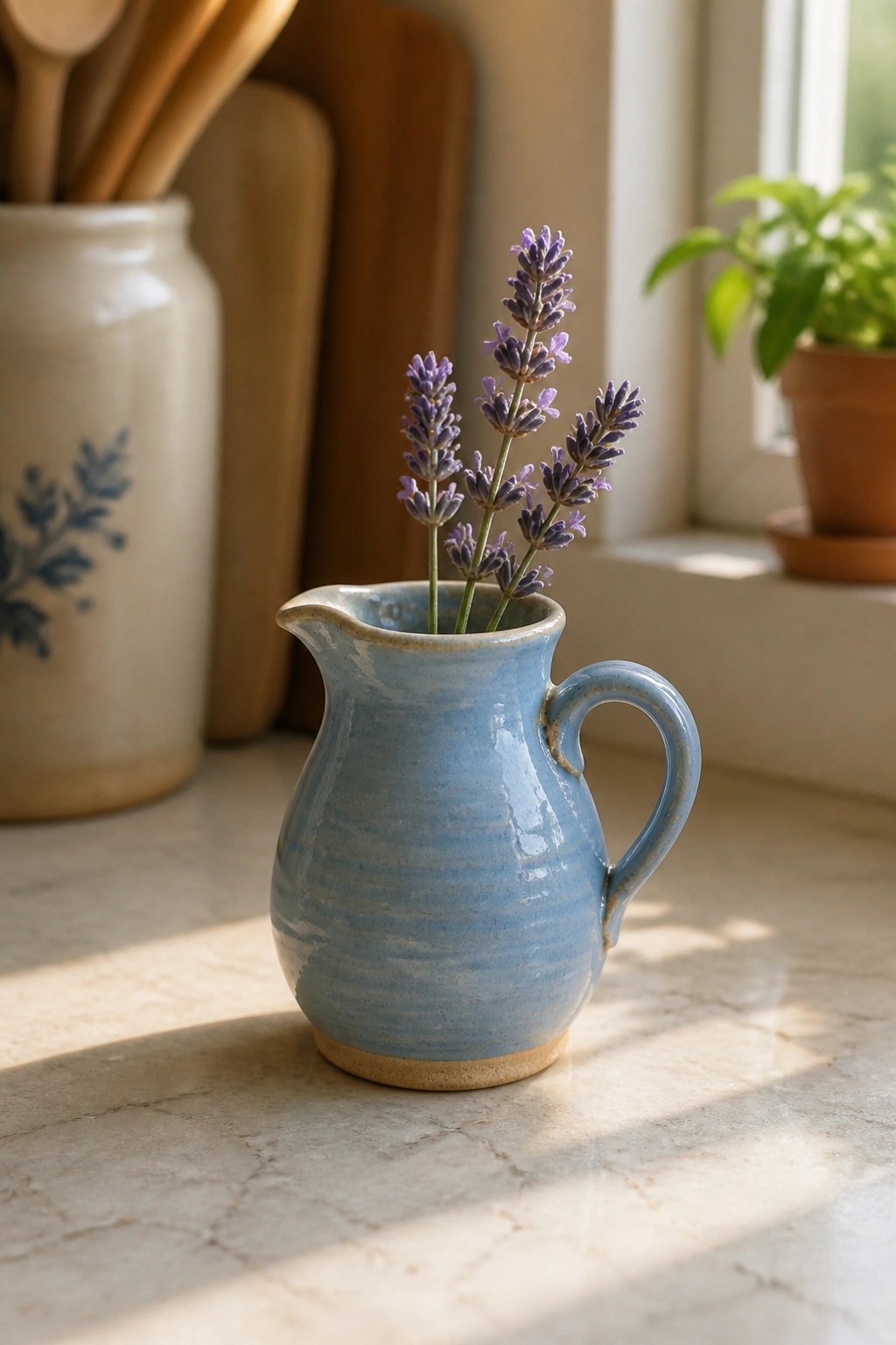 Blue ceramic pitcher with lavender sprigs on sunlit marble countertop