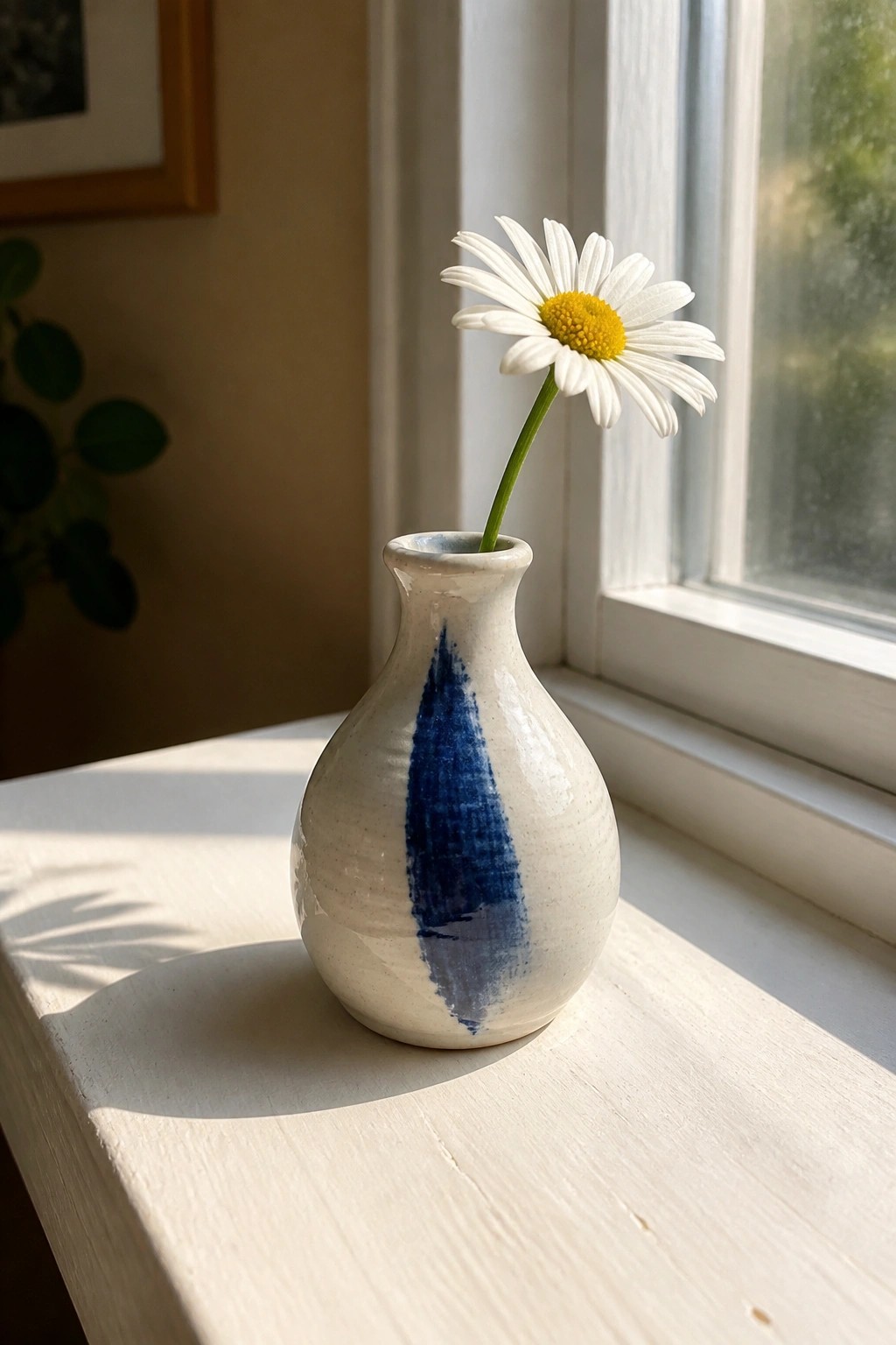 White ceramic vase with blue streak holding daisy on sunlit windowsill.