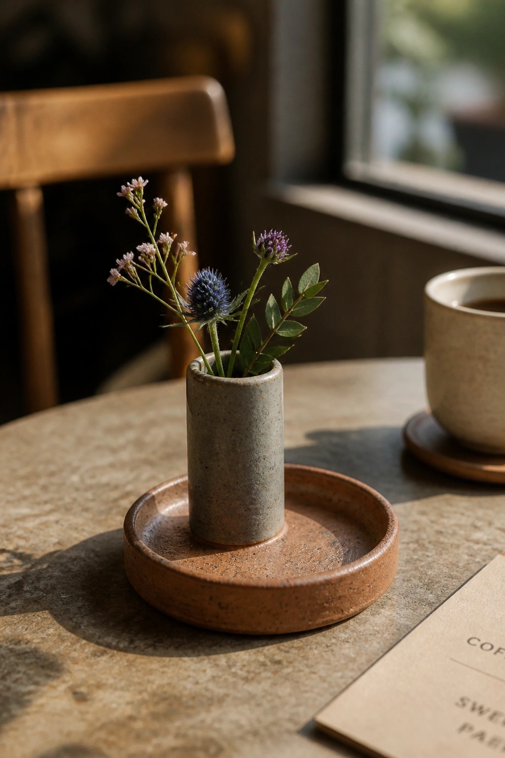 Gray vase with blue thistles and pink blooms on brown ceramic tray beside coffee cup