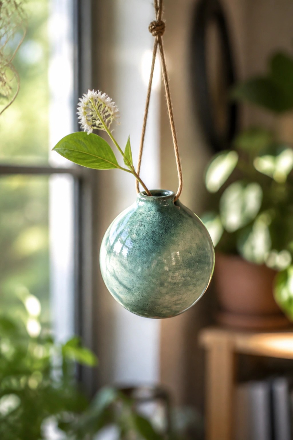 Spherical turquoise ceramic vase hanging from rope with white flower and leaves