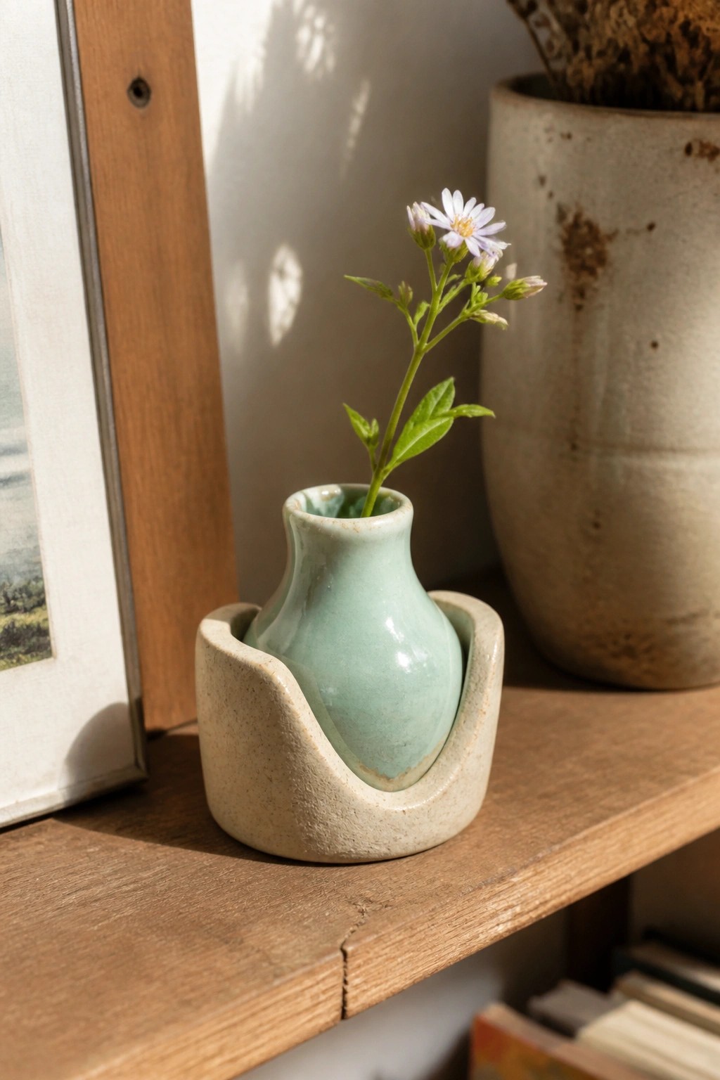 Small mint green vase with purple flower in beige holder on wooden shelf
