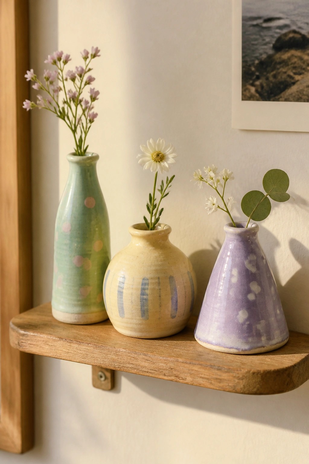 Three colorful ceramic vases with flowers on a rustic wooden shelf