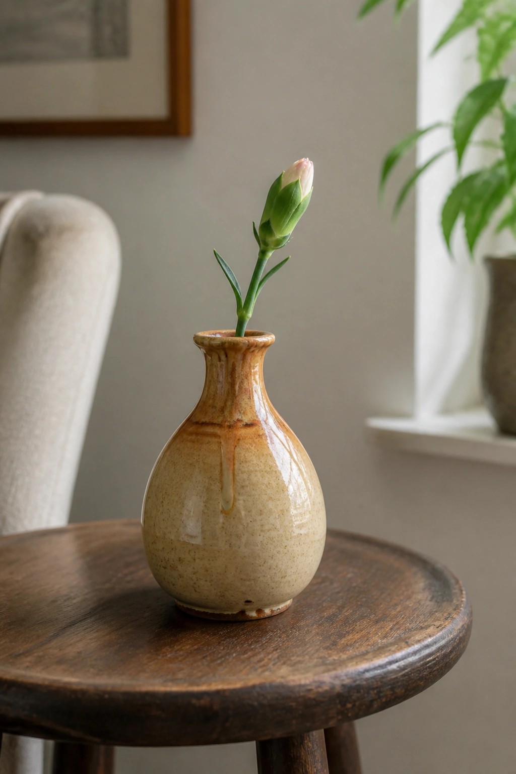 Beige ceramic vase with brown glaze holding a flower bud on wooden table