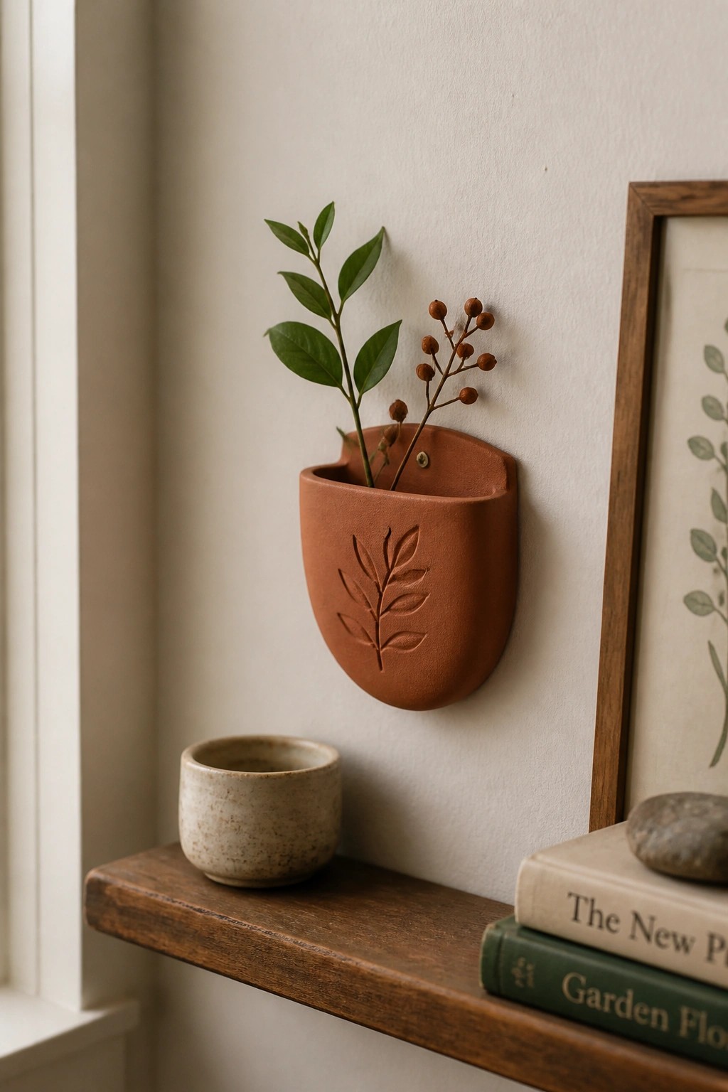 Terracotta wall pocket with embossed leaf holding plant above shelf with books and cup.