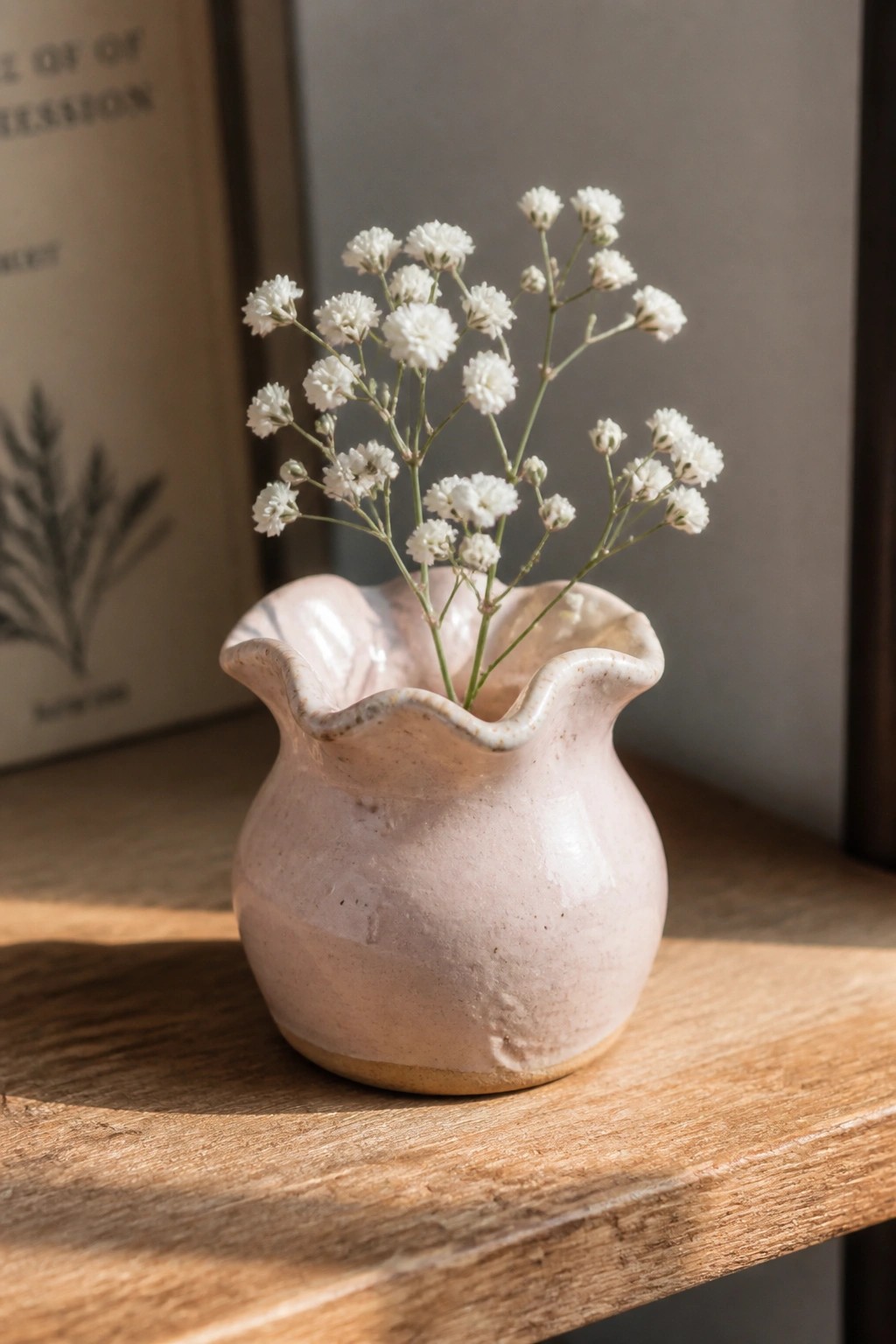 Pink ceramic vase with white baby's breath flowers on wooden surface