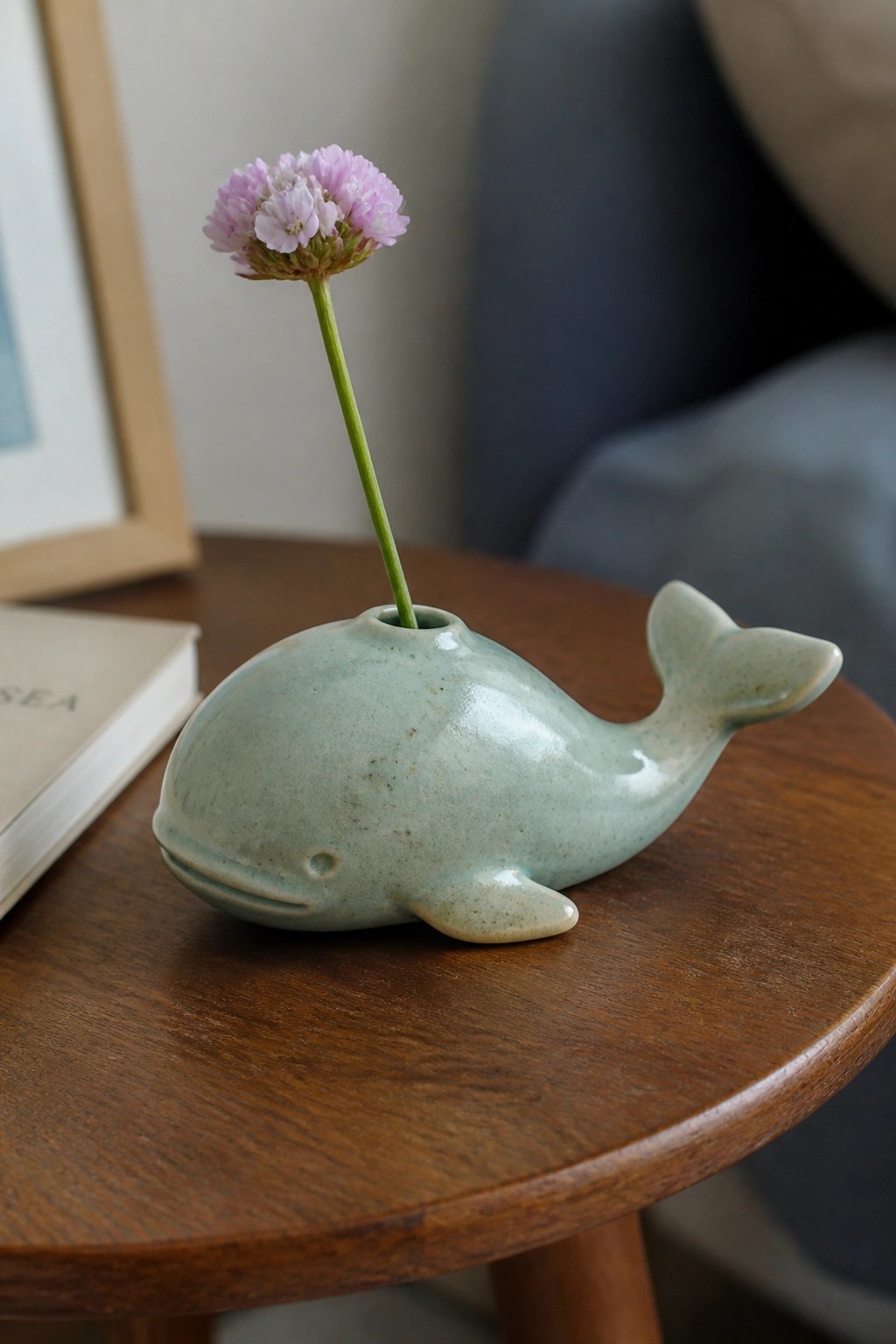 Seafoam green ceramic whale vase with pink flower on wooden table