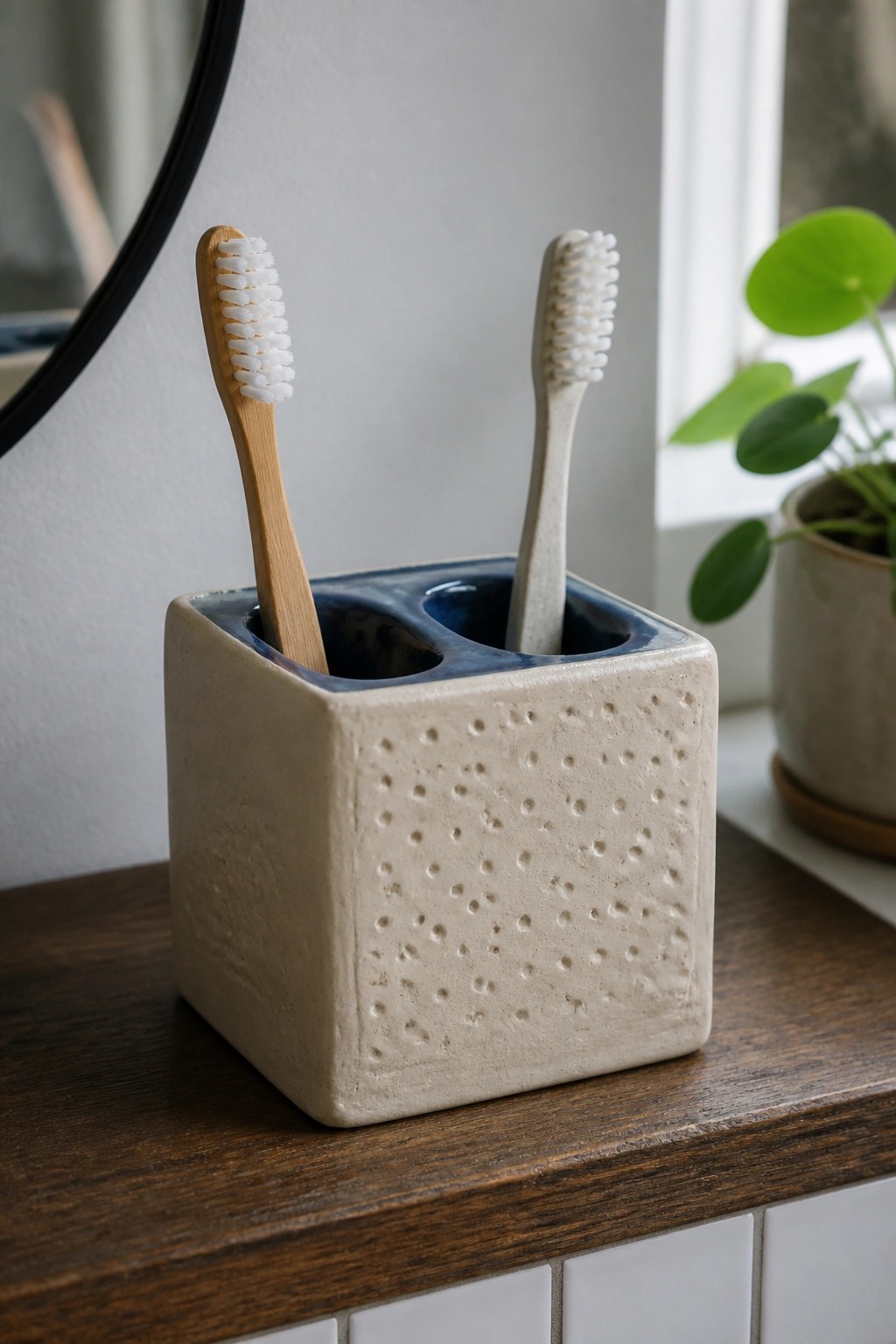 A square beige ceramic holder with two blue-glazed compartments holding two toothbrushes on a wooden bathroom counter.