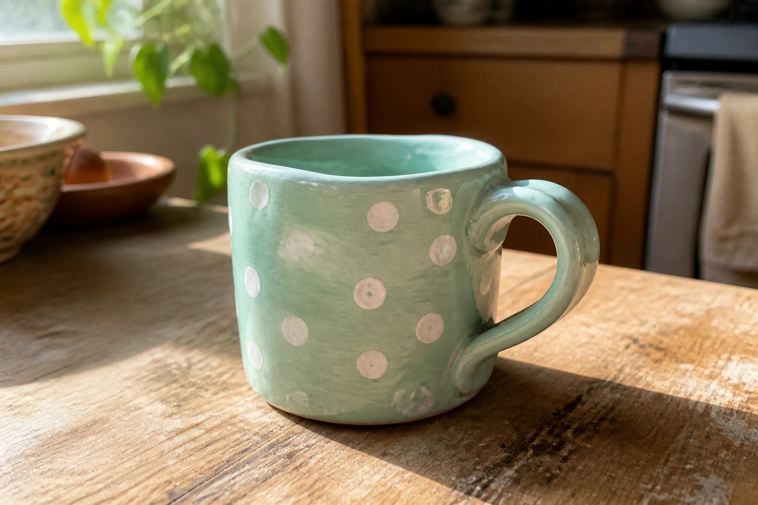 Light green ceramic mug with white polka dots on wooden table
