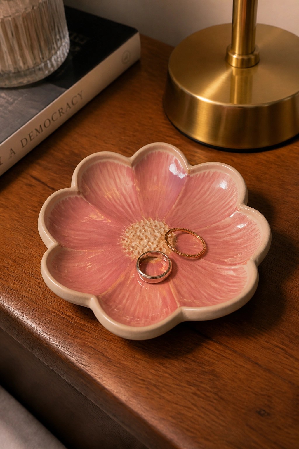 Pink flower-shaped ceramic dish holding two rings on wooden table