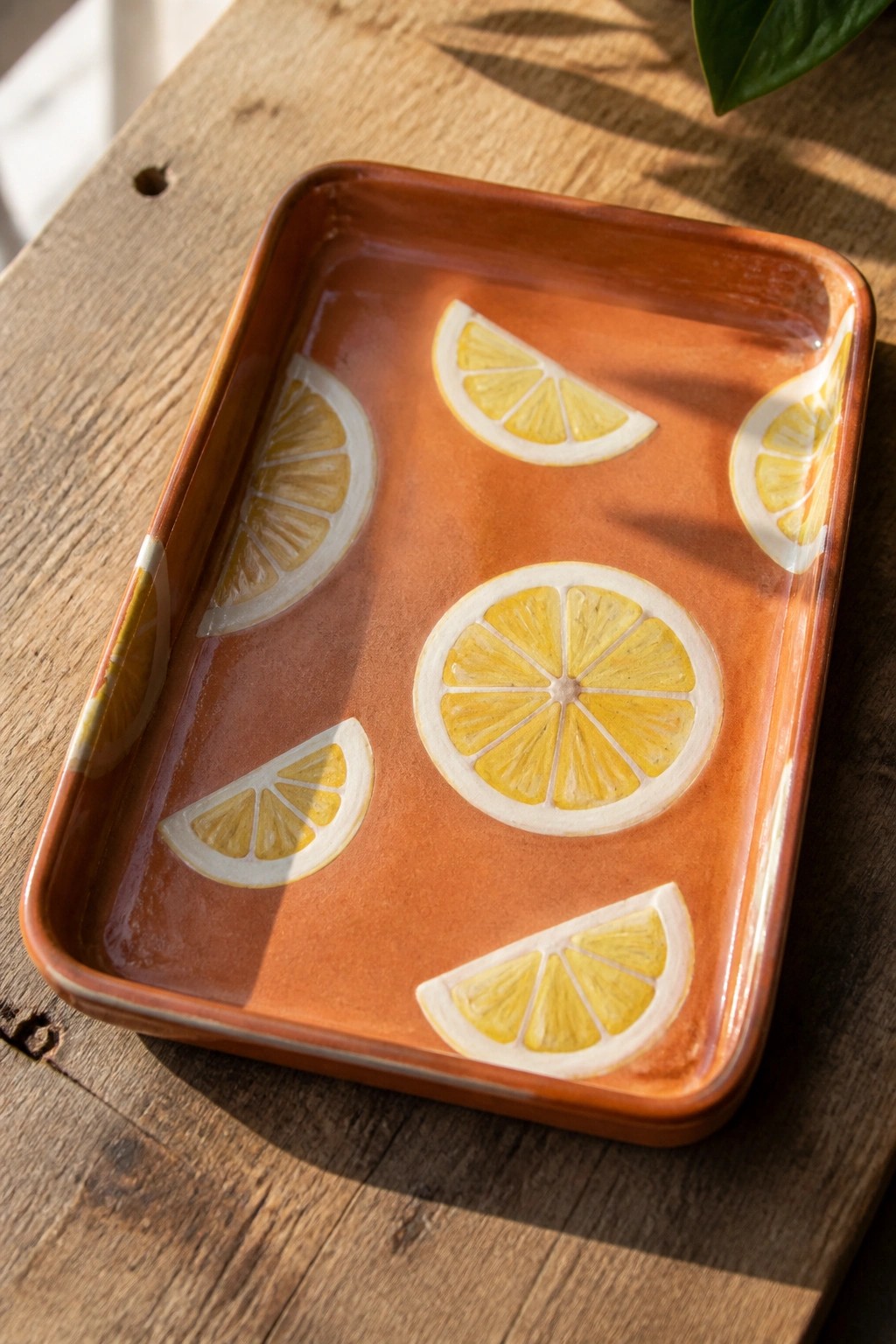 Orange rectangular ceramic tray with painted lemon slices on wooden table