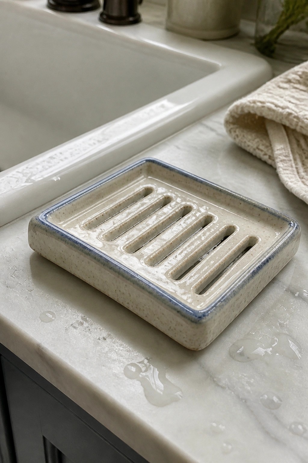 Wet beige ceramic soap dish with blue rim on marble bathroom counter.